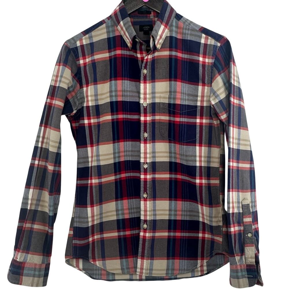 J.Crew Slim Fit Oxford Shirt Mens S Blue Red Plaid Button Down Preppy